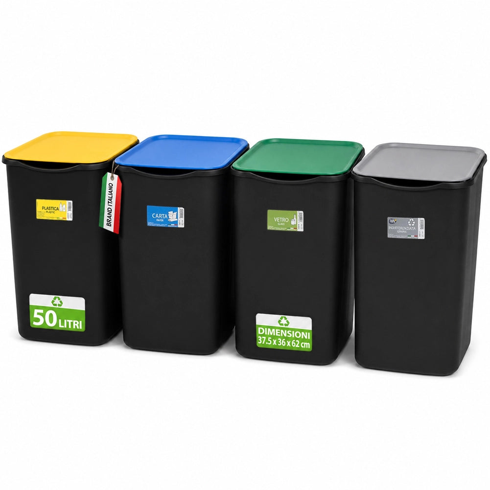 Set 4 Pattumiere Bidoni 37,5x36x62 cm Raccolta Differenziata Spazzatura Capienza da 50 L in Plastica Nero