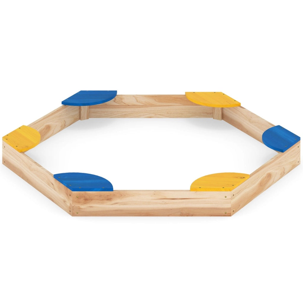 Sabbiera esagonale in legno combo piscina di sabbia e fioriera aperta con 6 sedili comodi, Sabbiera per bambini 3+ anni