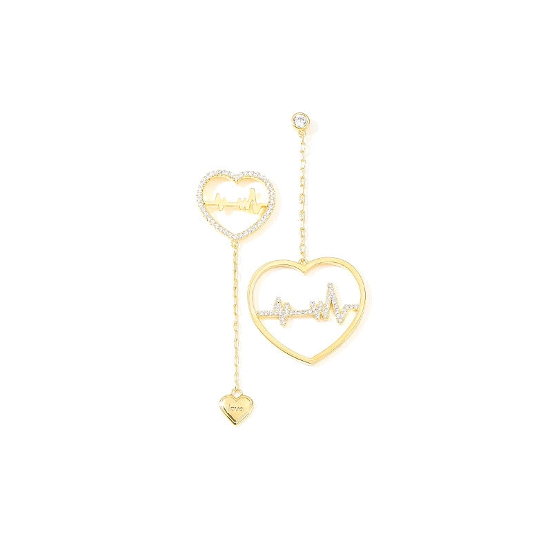 Orecchini a perno a forma di battito cardiaco con zirconi micro-dipinti in argento sterling S925 - Orecchini asimmetrici a forma di cuore con design a elettrocardiogramma