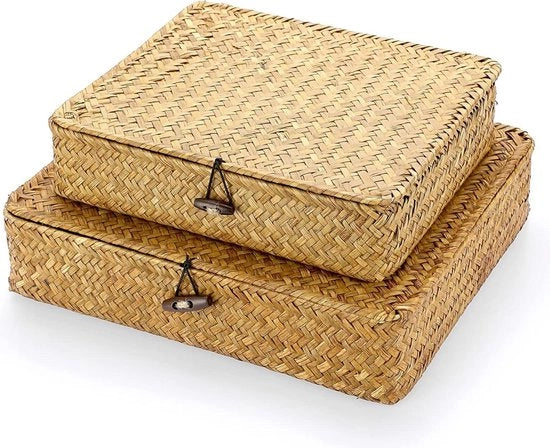 Bacche da stoccaggio a rete intrecciate con coperchio - set da 2 - contenitori di sabbia naturale - marroni scuro