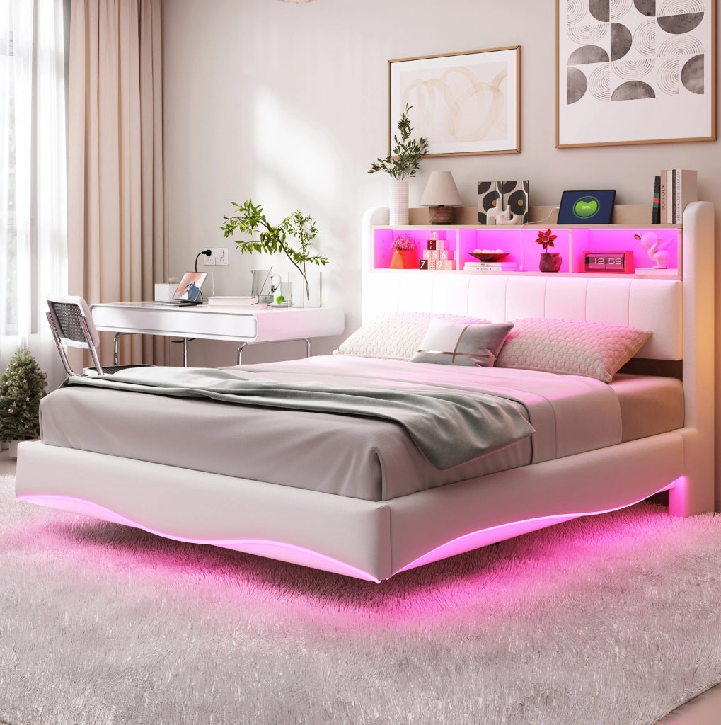 Letto imbottito 140x200 con LED, USB-C, contenitore testata beige