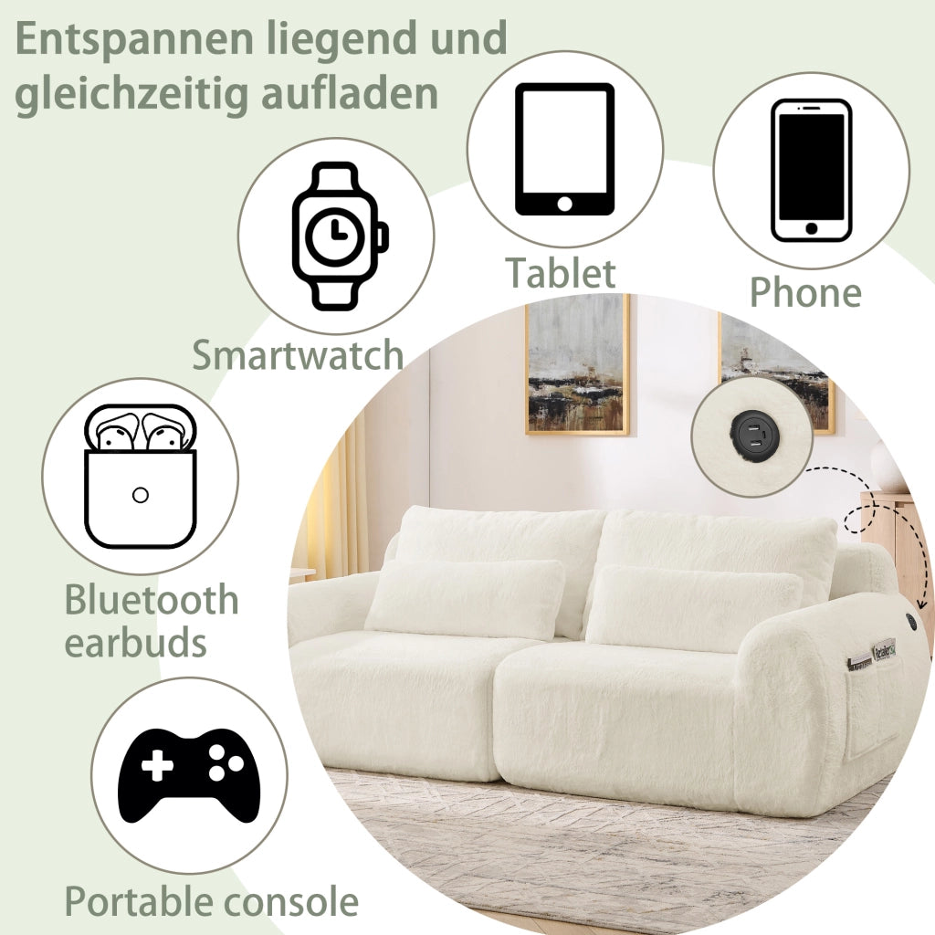Divano 2 Posti con Porta USB e Tasca Laterale, in Schiuma, Beige