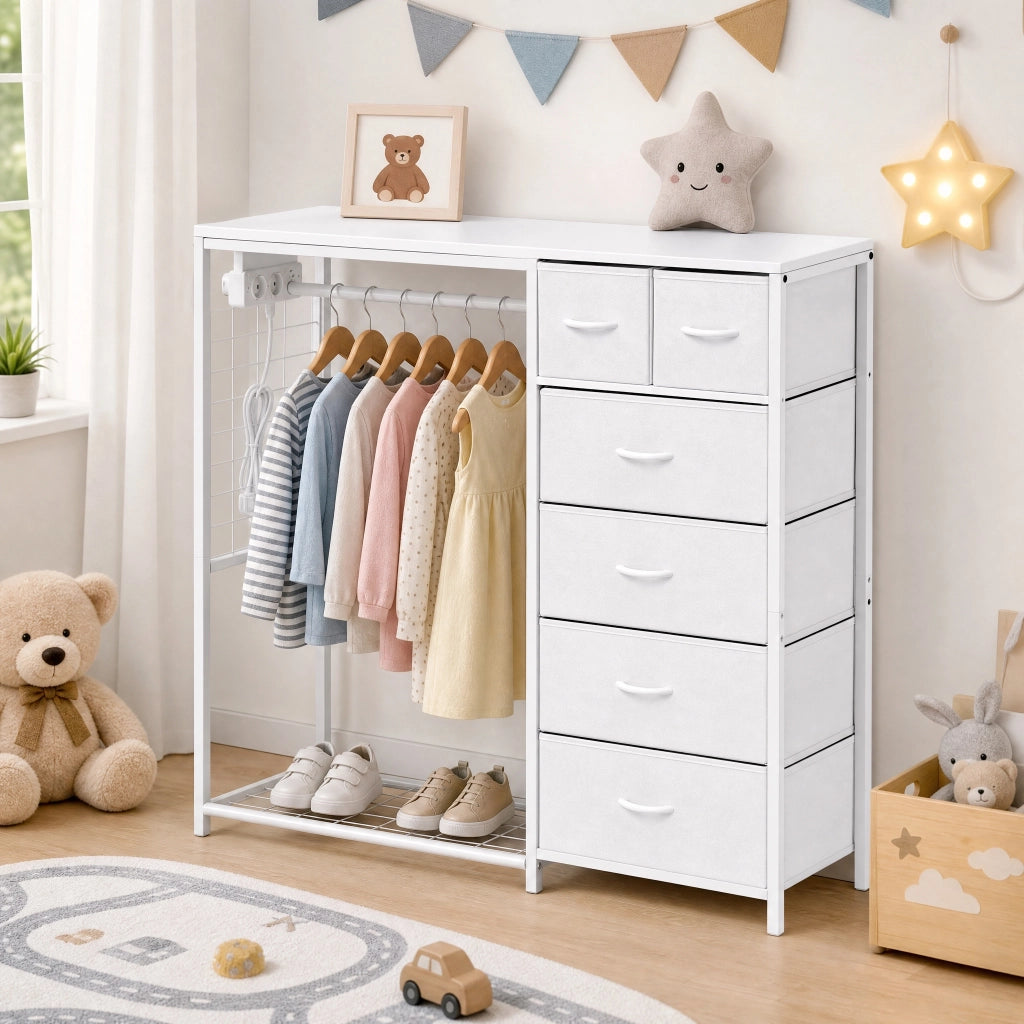 Armadio per bambini, con 6 cassetti, asta appendiabiti e presa di corrente, appendiabiti multifunzionale, bianco