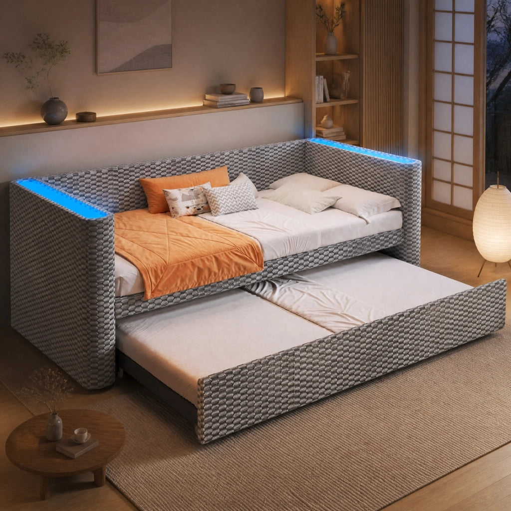 LETTO Estraibile 90x200 cm in Velluto Grigio con LED