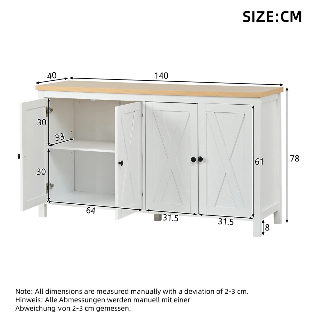 Credenza bianca 140x40x78 cm con 4 ante; 2 ripiani interni regolabili; in MDF