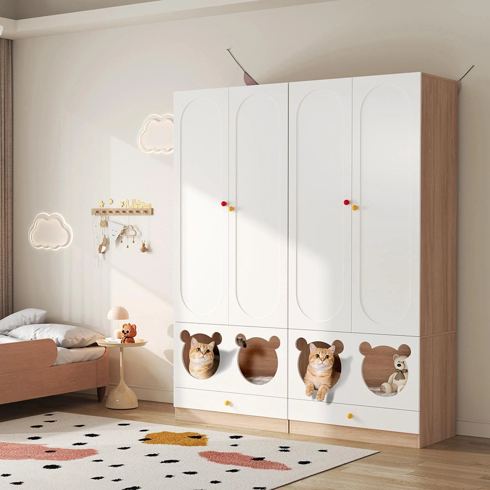 Armadio combinato bambino 2 pezzi 160x50x200 cm - Xylo - con appendiabiti e cuccia per gatto, bianco e naturale