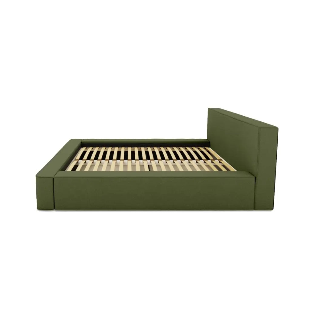 Letto contenitore VELORA – Olive bouclé – 180x200 cm – Tessuto velluto morbido – Rete sollevabile – Contenitore integrato