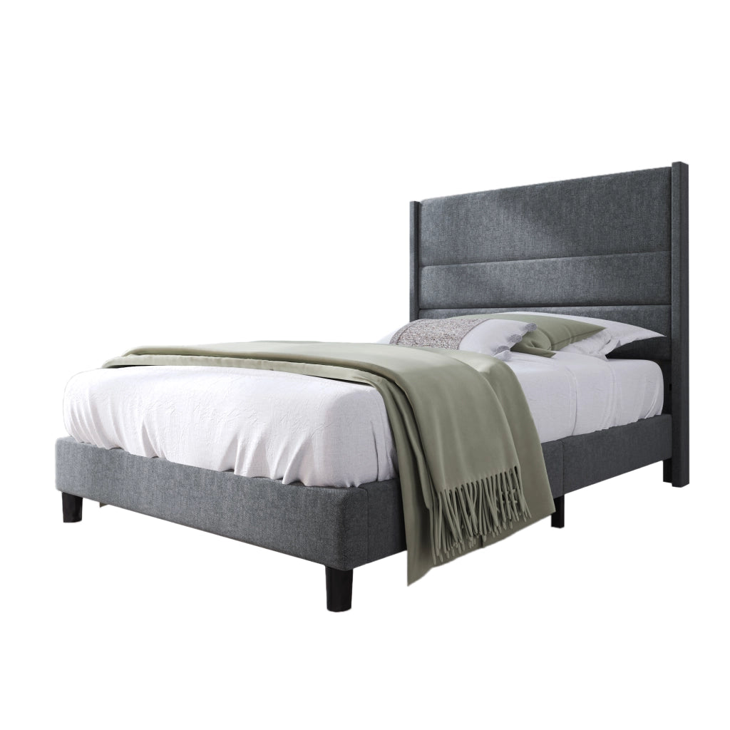 OKWISH Letto Singolo 90×200 cm con Testiera Imbottita e Doghe, senza Materasso, in Lino - Grigio Scuro
