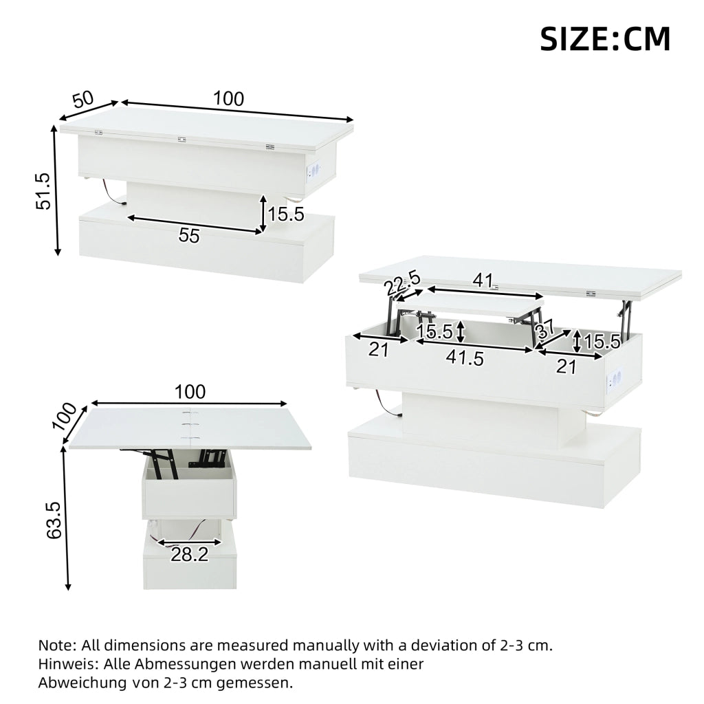 Tavolino da caffè alzabile con LED e vano contenitore - per soggiorno - in truciolare - 100x50x51.5 cm - bianco