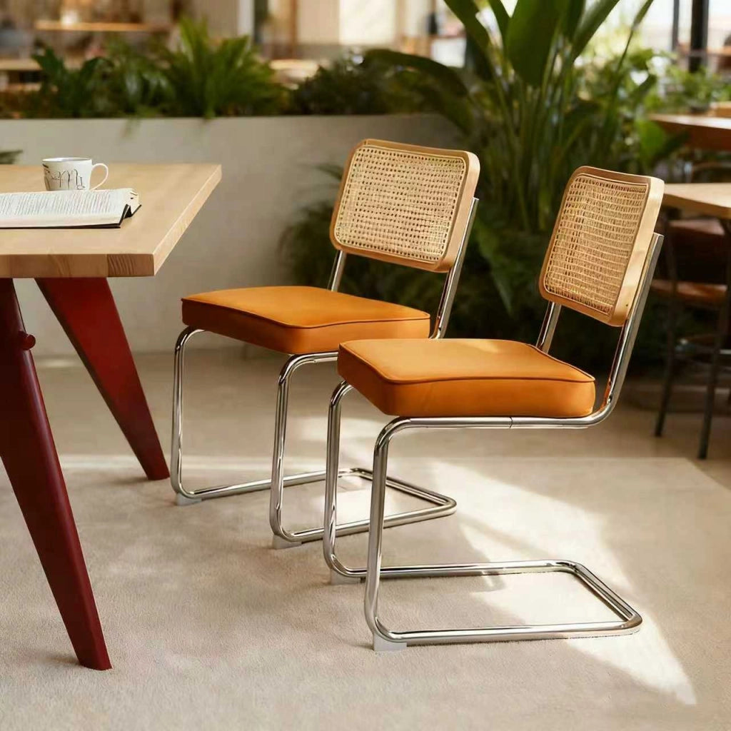 Sedia da pranzo set da 2 - Sedia in velluto e rattan con gambe cromate – Design Mid-Century Modern ispirato a Breuer – Sedia imbottita ideale per soggiorno, cucina e altri ambienti