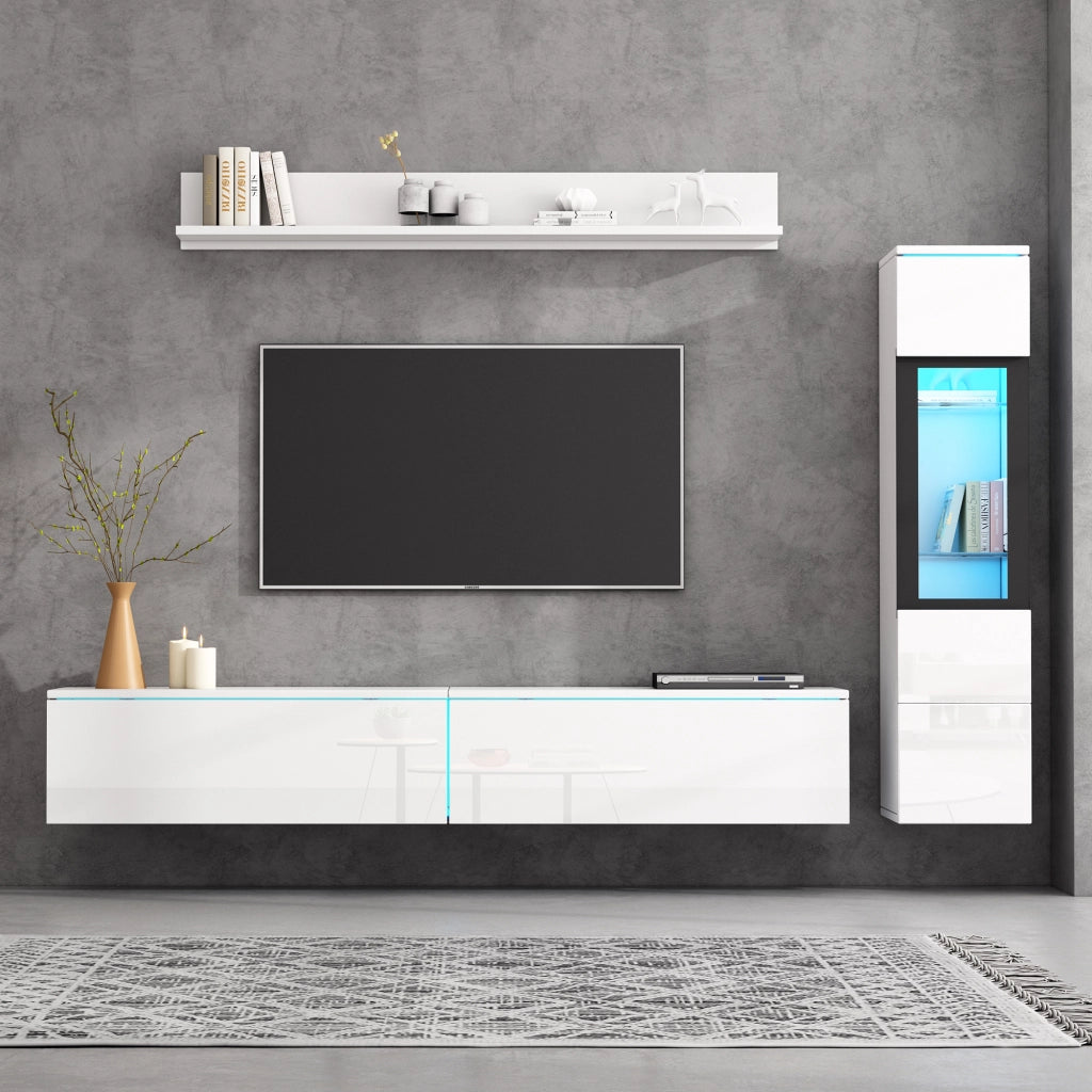 PARETE ATTREZZATA Set da 3 pezzi con LED 180 cm Bianco lucido