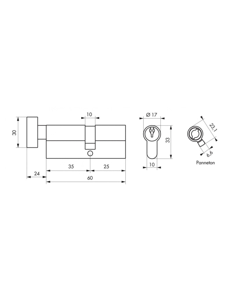 Cilindro SA con pomolo 35 x 25 mm, nichelato, 3 chiavi – THIRARD