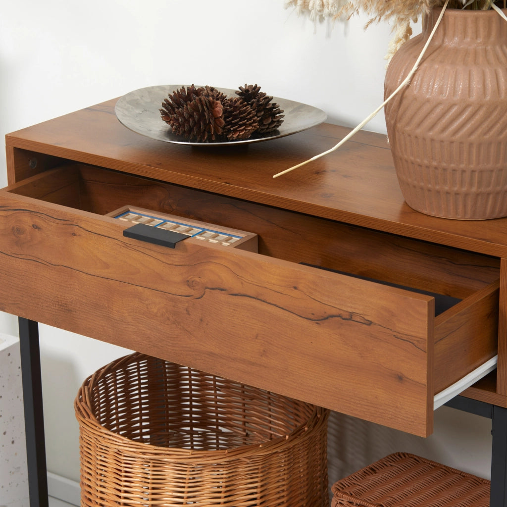 Consolle da Ingresso 80x30x76 cm con Cassetto con Gambe in Metallo Color Legno e Nero