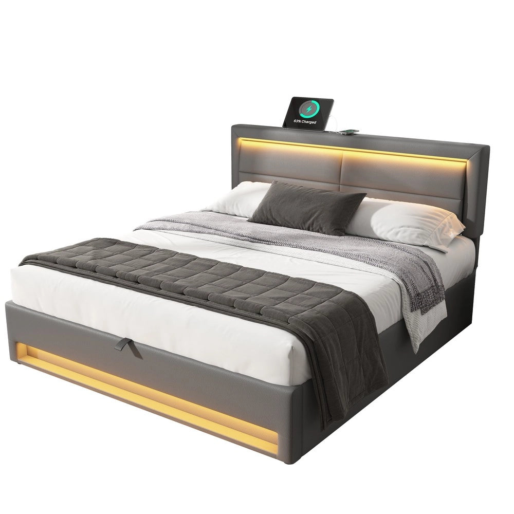 Letto Imbottito Contenitore ¨C MINIMAL ¨C Grigio, LED, USB, 140x190