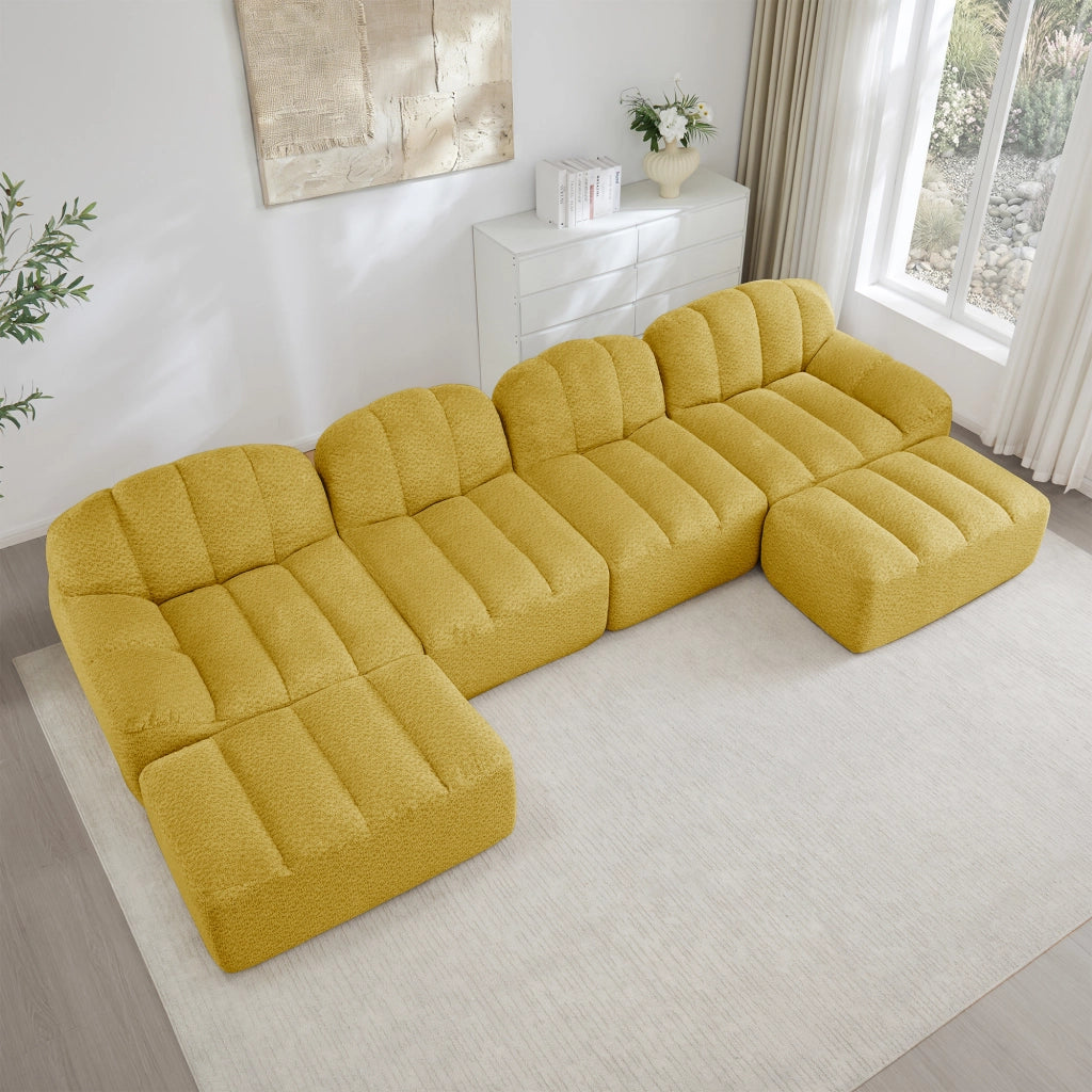 Divano modulare angolare 4 posti con chaise longue e pouf; in fleece granulare giallo