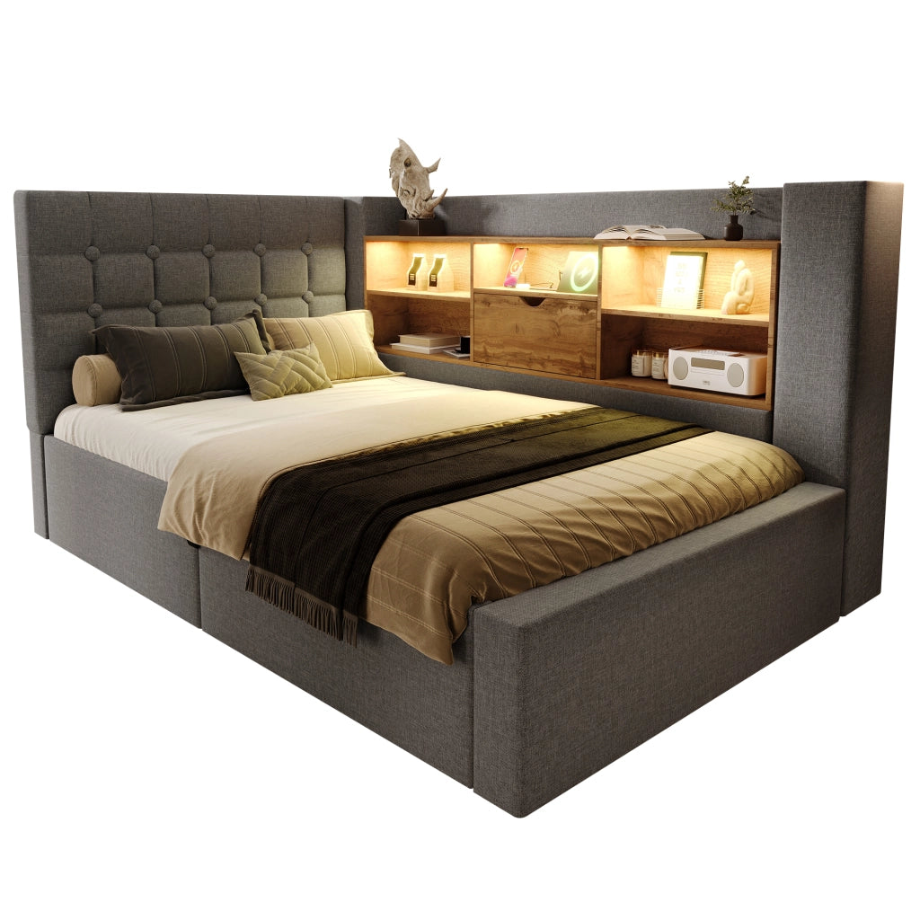 OKWISH Letto contenitore 90×190 cm, Letto singolo con LED, USB e Tipo C, Testiera a L reversibile, senza Materasso, in Lino, Grigio
