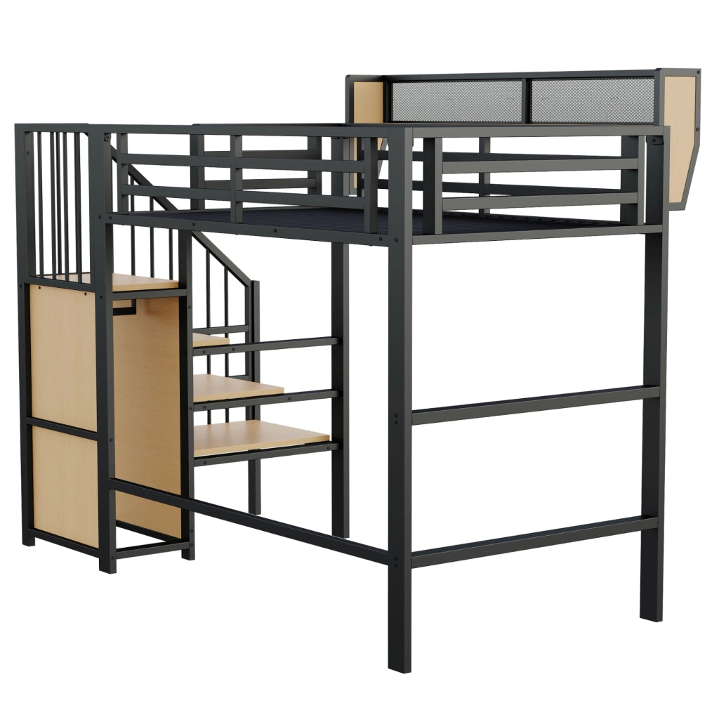 Letto a soppalco 90x200 in metallo con scala di sicurezza e ripiano flessibile, nero