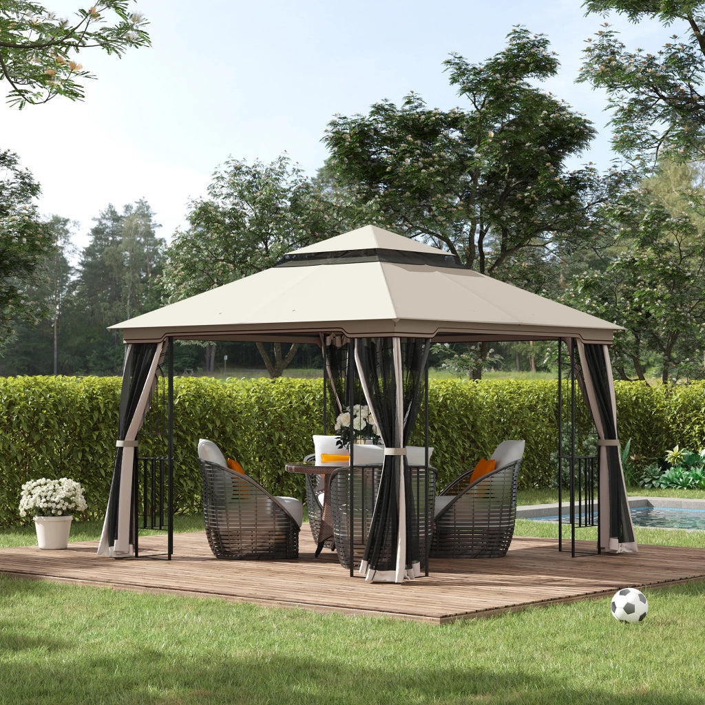 Gazebo da giardino con doppio tetto e 4 pareti laterali ¨C zephmum ¨C metallo e poliestere beige 299x299x274 cm