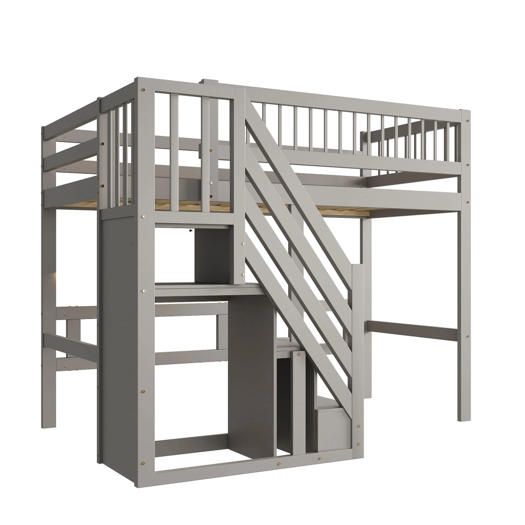 Letto a soppalco in legno massello con scala contenitore e recinzione alta; grigio; 90x200 cm; senza materasso