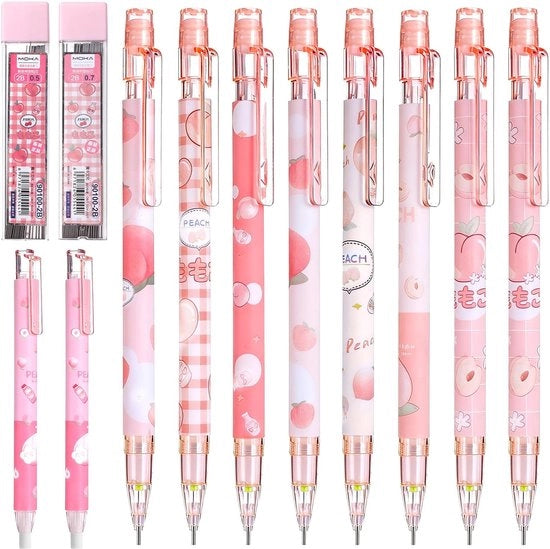 Set di matite meccaniche kawaii da 8 pezzi con fili e gomme, 0,5 mm/0,7 mm matite meccaniche rosa carine per uso scolastico ufficio (plastica)