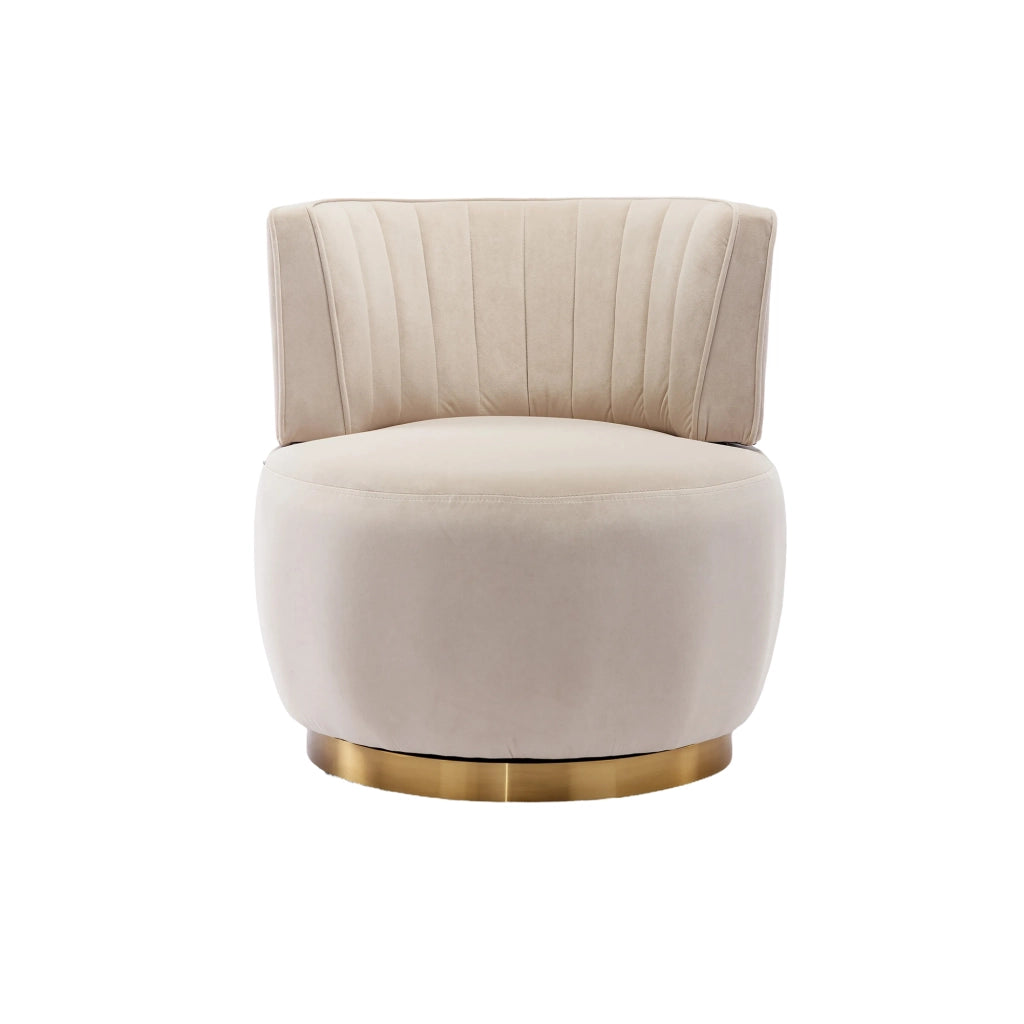 Sedia girevole 360° con schienale ergonomico; seduta imbottita; struttura in legno e metallo; velluto beige