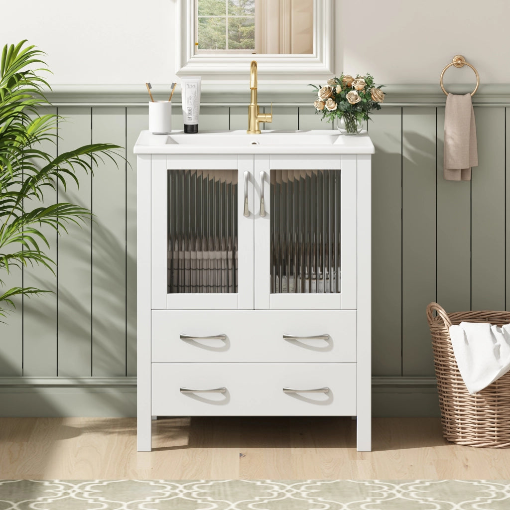 Mobile bagno con 2 cassetti; anta in vetro rigato e lavabo in ceramica con troppopieno per bagno; bianco; 61×47×86 cm
