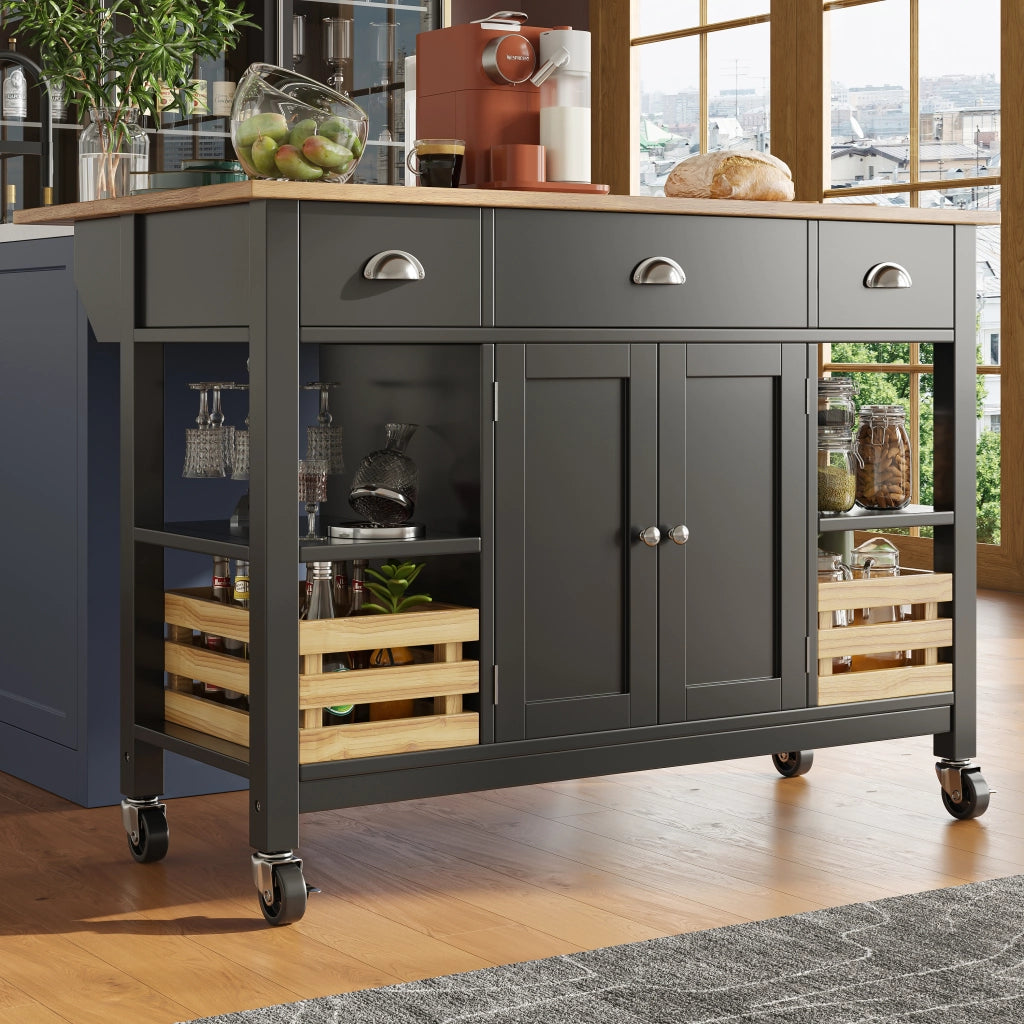Carrello da Cucina con 1 Cassetto; 1 Anta; Piano Pieghevole e Ruote in MDF 120 x 45 x 90 cm Nero Naturale