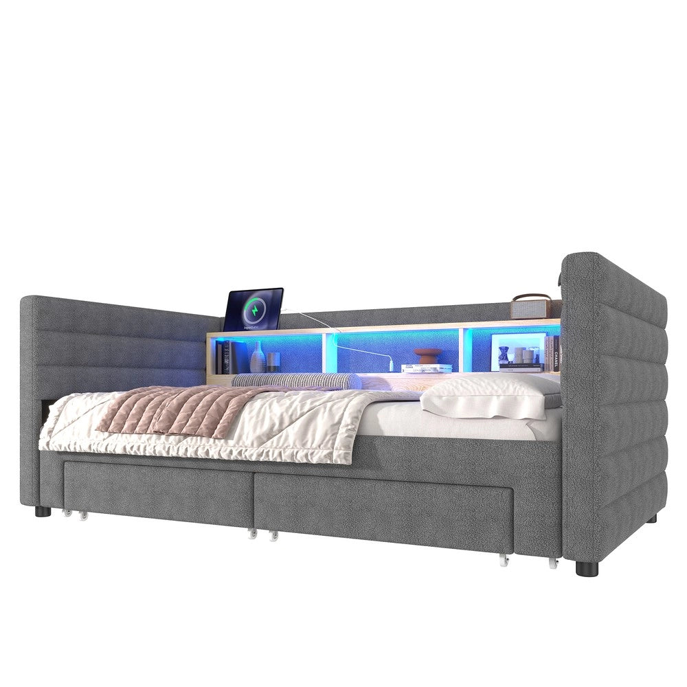 Letto Singolo Contenitore con LED ¨C MINIMAL ¨C Velluto Grigio, 90x190, USB, Cassetti
