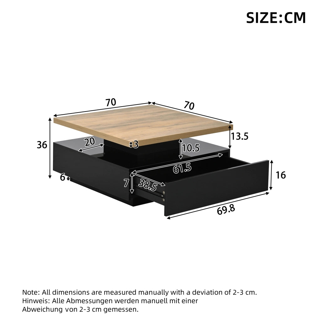 Tavolino da caffè con piano girevole e vano contenitore per soggiorno in truciolare noce 70x70x36 cm