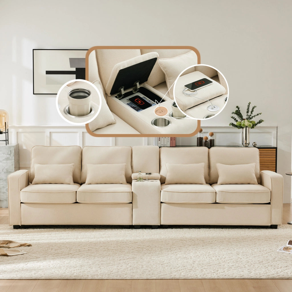 Divano 4 posti 290x83x88 cm con porta USB; 2 portabicchieri e tasche laterali in tessuto lino beige