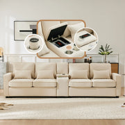 Divano 4 posti 290x83x88 cm con porta USB; 2 portabicchieri e tasche laterali in tessuto lino beige