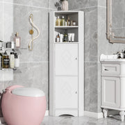 Mobile bagno angolare con ripiani aperti e anta decorata in truciolare bianco