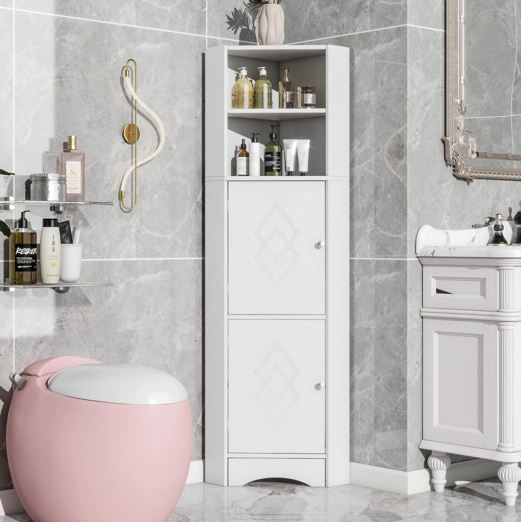 Mobile bagno angolare con ripiani aperti e anta decorata in truciolare bianco