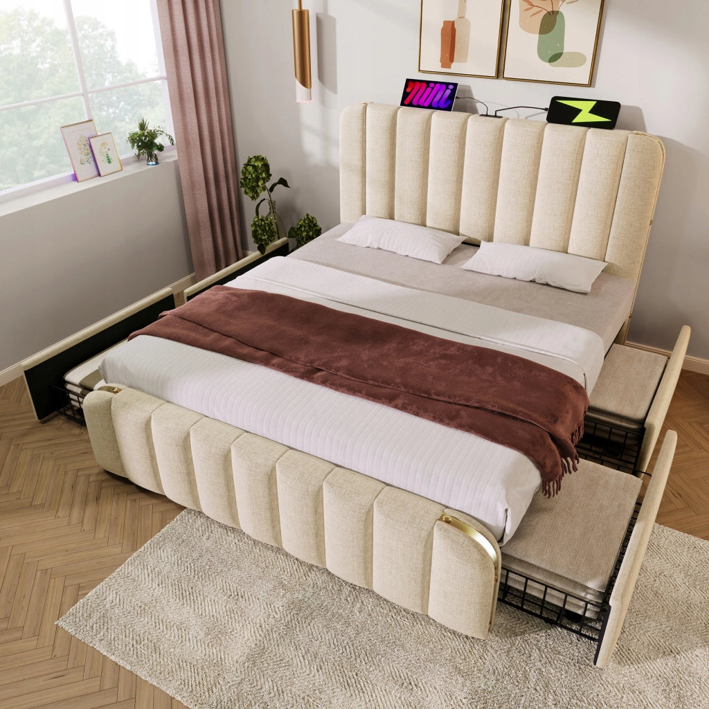 Letto matrimoniale - Xylo - 160x200 - Tappezzato - Dettagli dorati - USB-C - 4 Cassetti - Con materasso
