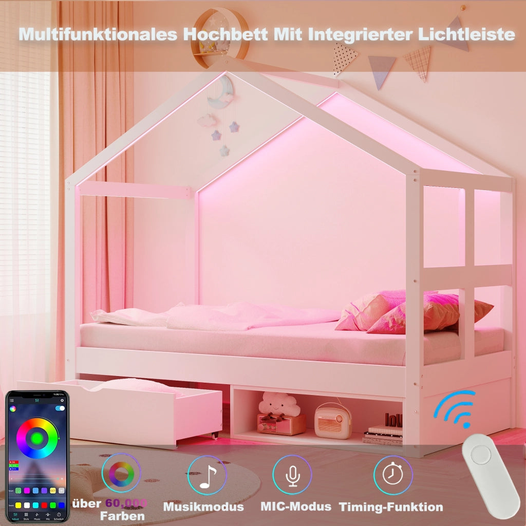 LETTO multifunzione 90x190 cm con cassetto, scarpiera e LED bianco