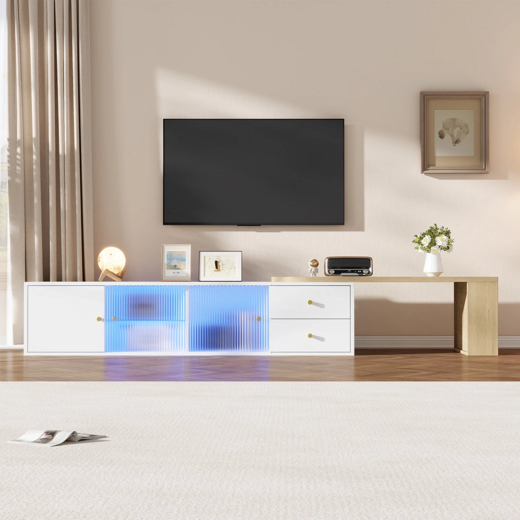Mobile TV Estensibile 175x40x38 cm Bianco Legno con LED RGB, 2 Cassetti e Ante in Vetro Scorrevoli
