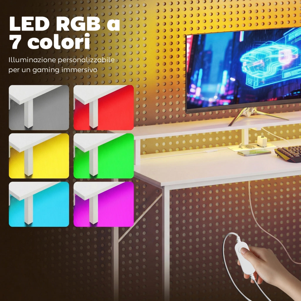 Scrivania Gaming con LED RGB - Xylo - Bianco 147cm Supporto Monitor 3 Cassetti USB Porta Computer