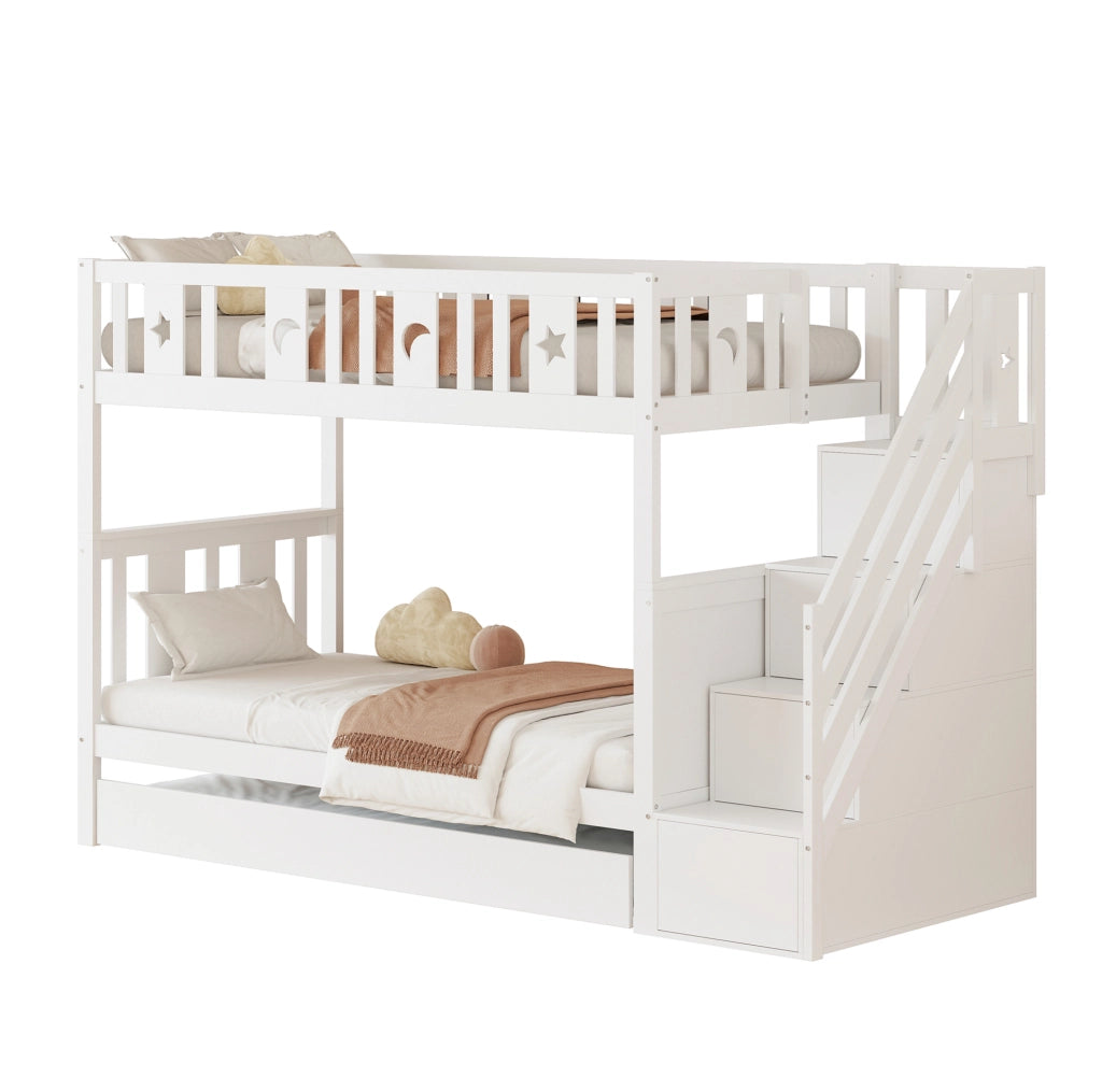 Letto a castello per bambini con letto estraibile e gradini contenitivi bianco