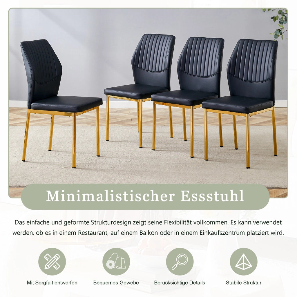 [Set di 4] Eleganti sedie da pranzo in stile lusso discreto: schienale in PU nero con goffratura verticale + gambe in metallo dorato, adatte a sale da