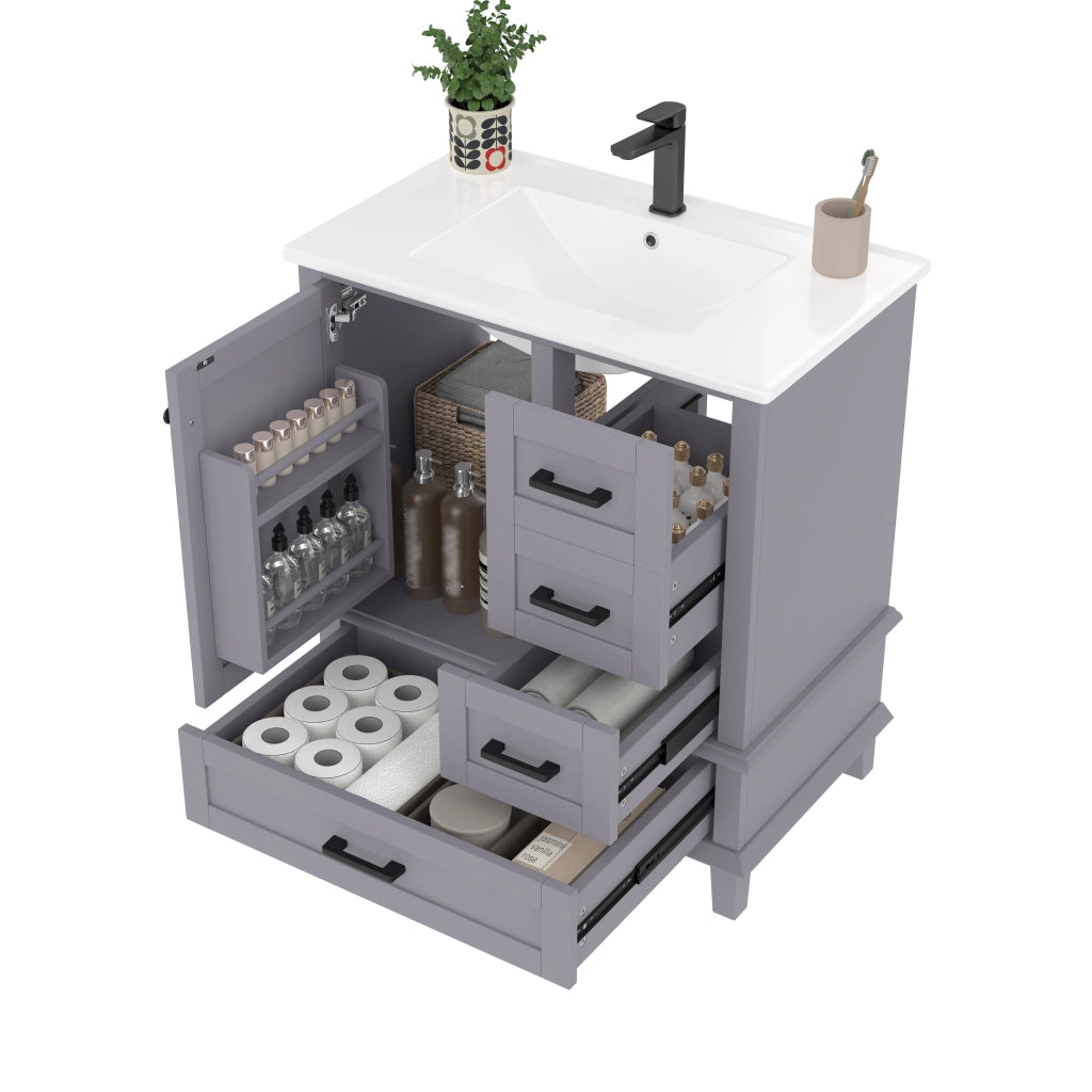 Mobile Bagno con Lavabo Integrato ¨C MINIMAL ¨C Grigio, 76x46x83.5 cm, 3 Cassetti, Ceramica