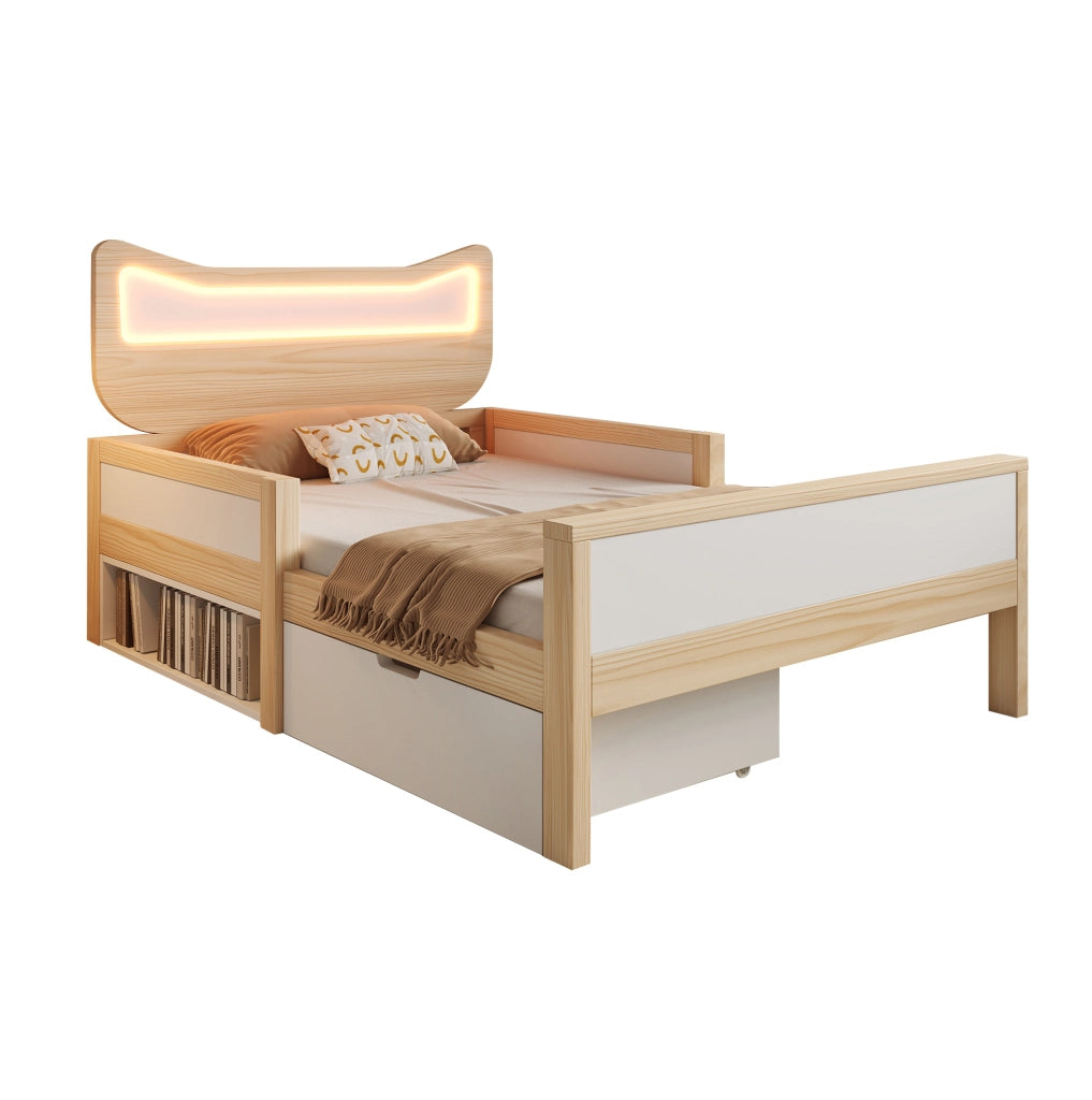 Letto per bambini con testiera a forma di gatto, LED RGB e contenitore