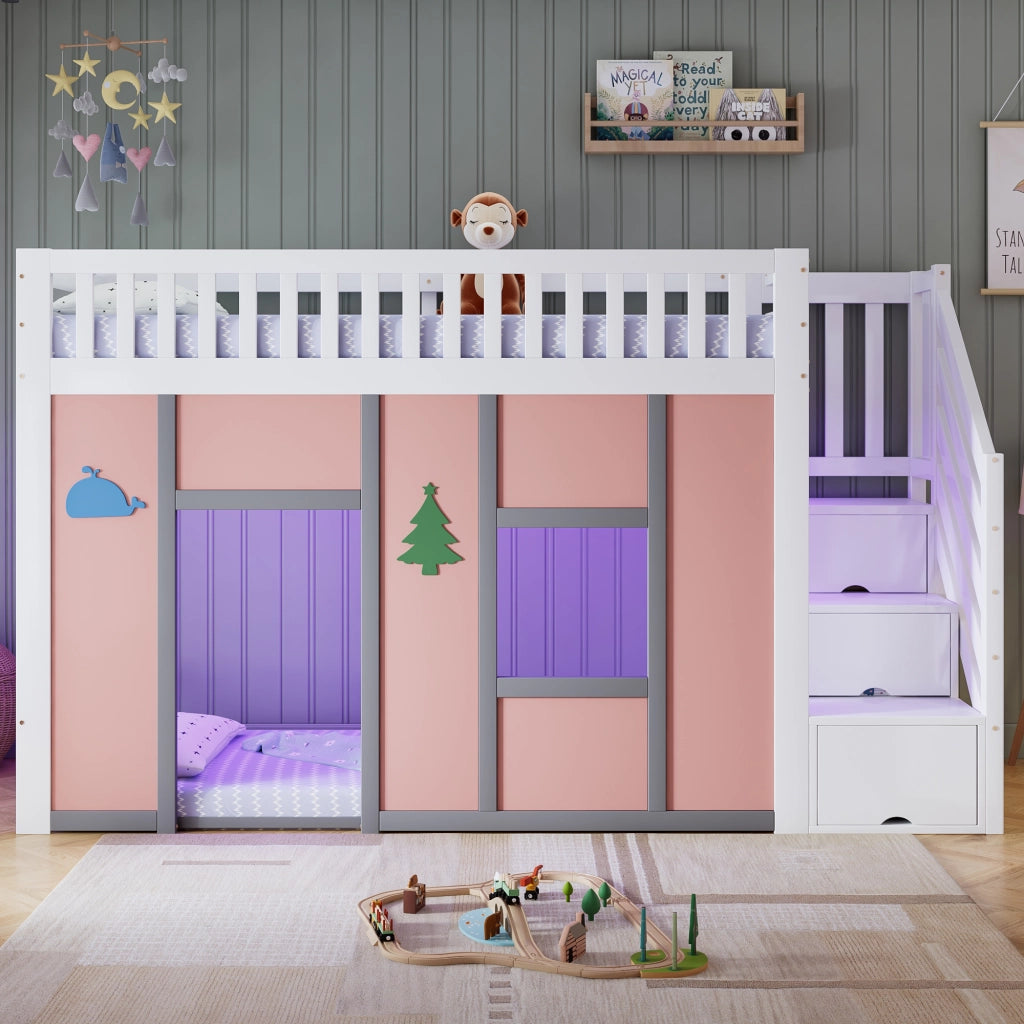 Letto a soppalco per bambini 90x200 cm bianco e rosa con scala contenitore e LED