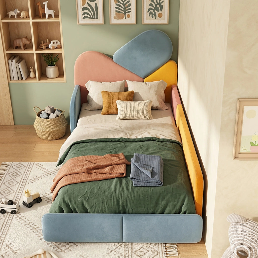 Letto imbottito per bambini 90x200 cm, patchwork multicolore, con sponde laterali rialzate, velluto