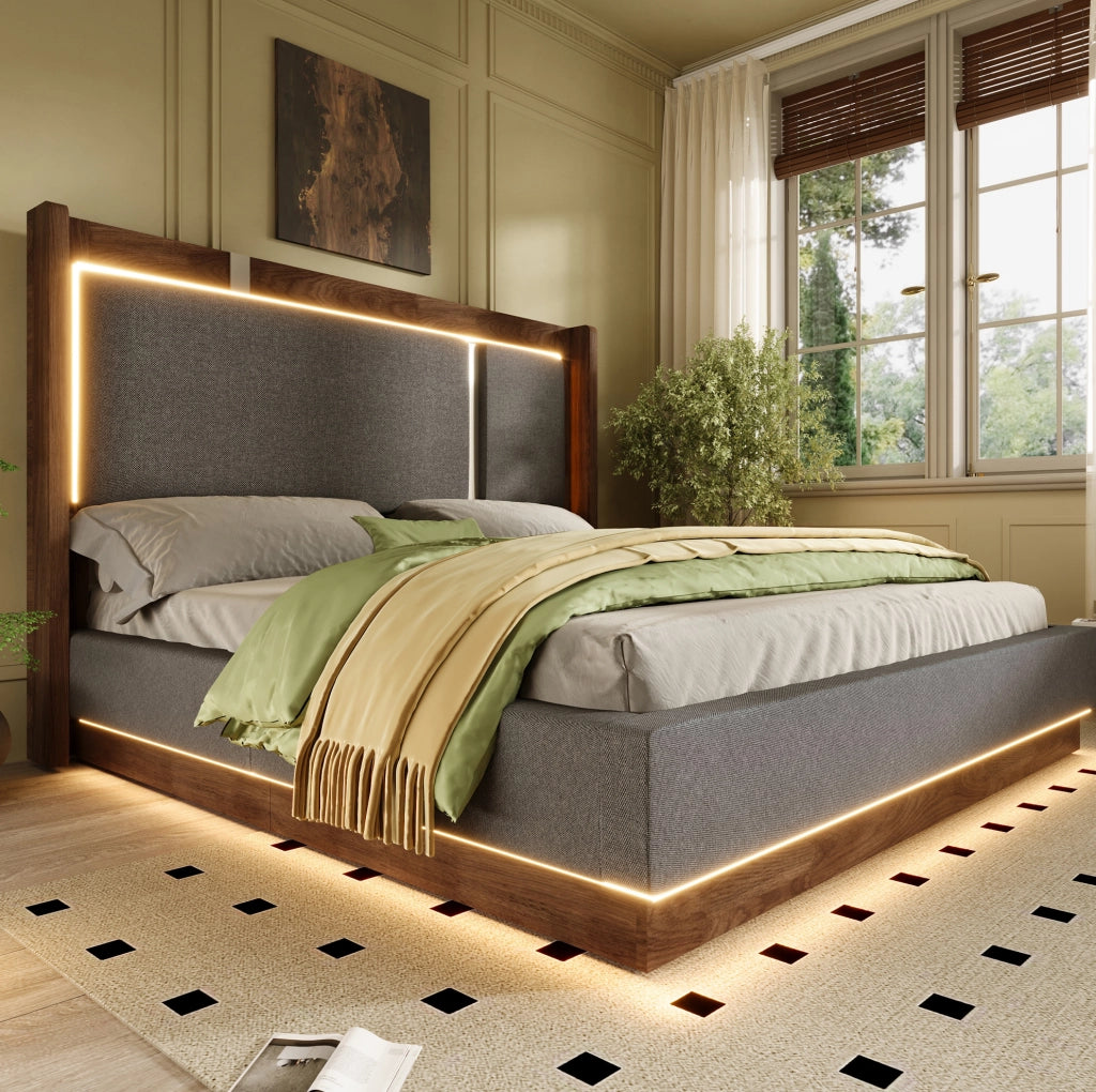 Letto imbottito 140x200 con LED, vano contenitore e rete a doghe