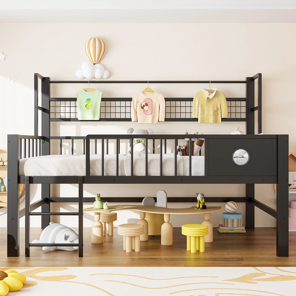 Letto basso per bambini 90*200cm struttura metallica scomparti di stoccaggio per bambini e adolescenti