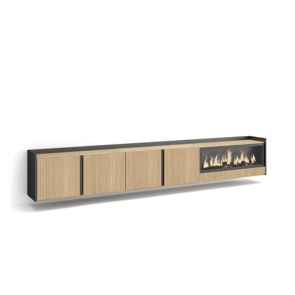 Mobile TV Soggiorno, 315x50x35 cm, Per TV fino a 80", Camino elettrico XXL, Sospeso, da appendere, Rovere e nero