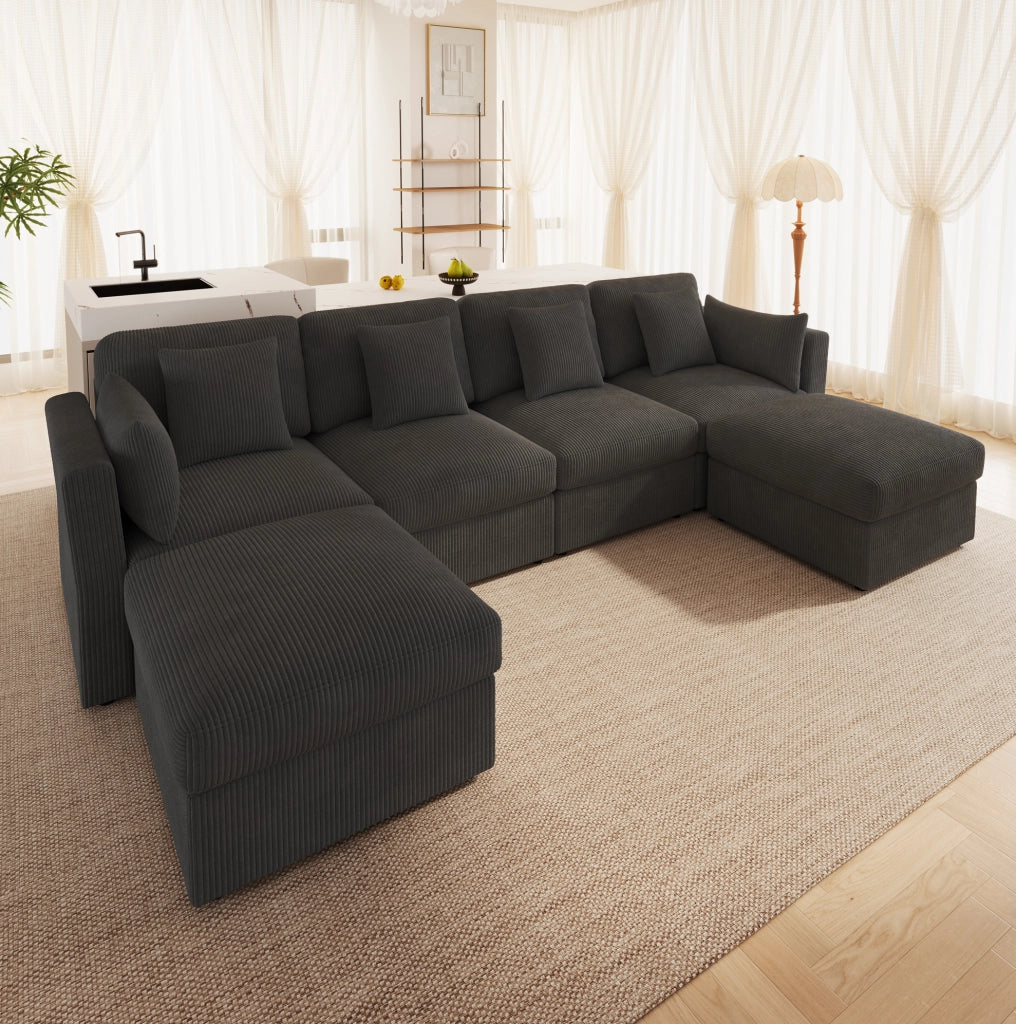 Divano modulare angolare a U 290 x 159;5 x 89 cm in tessuto corduroy grigio
