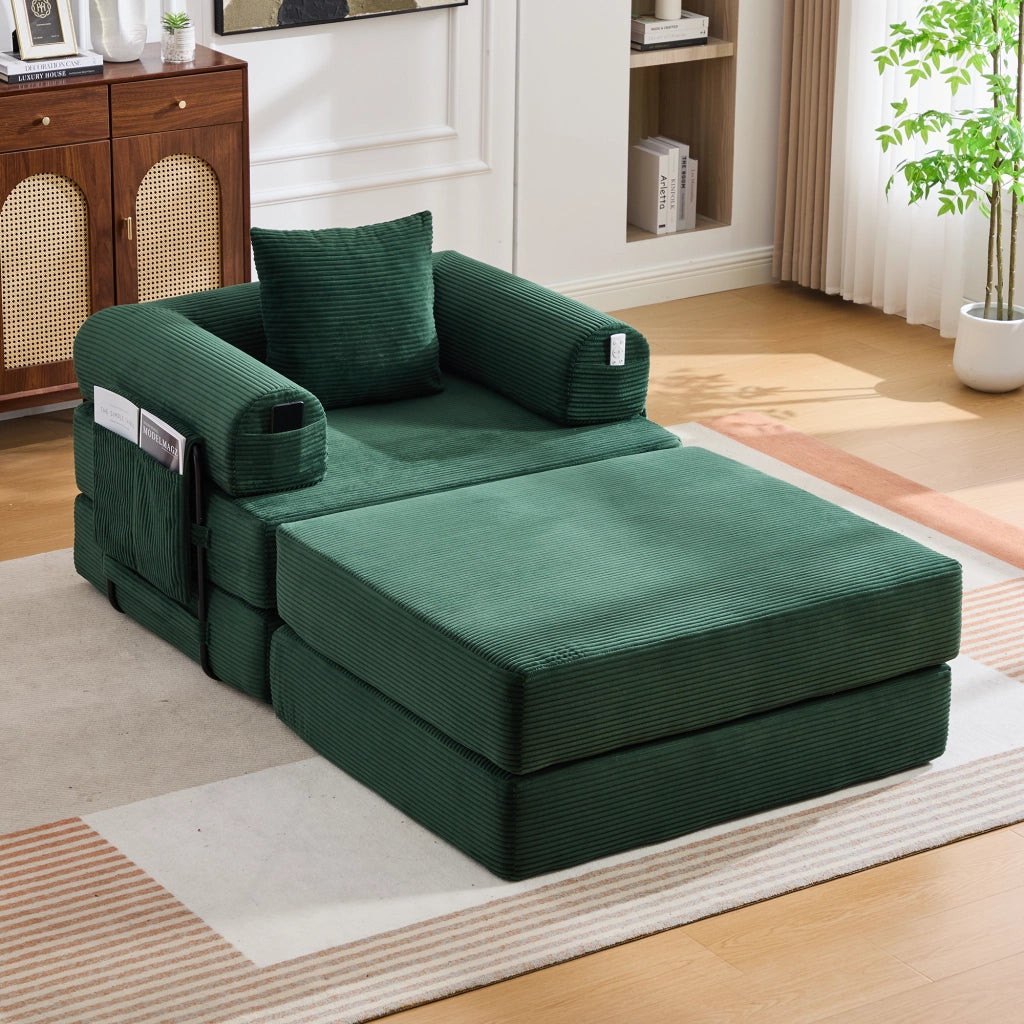 Poggiapiedi Convertibile con Funzione Letto, Struttura Modulare in Velluto Corduroy, Smeraldo