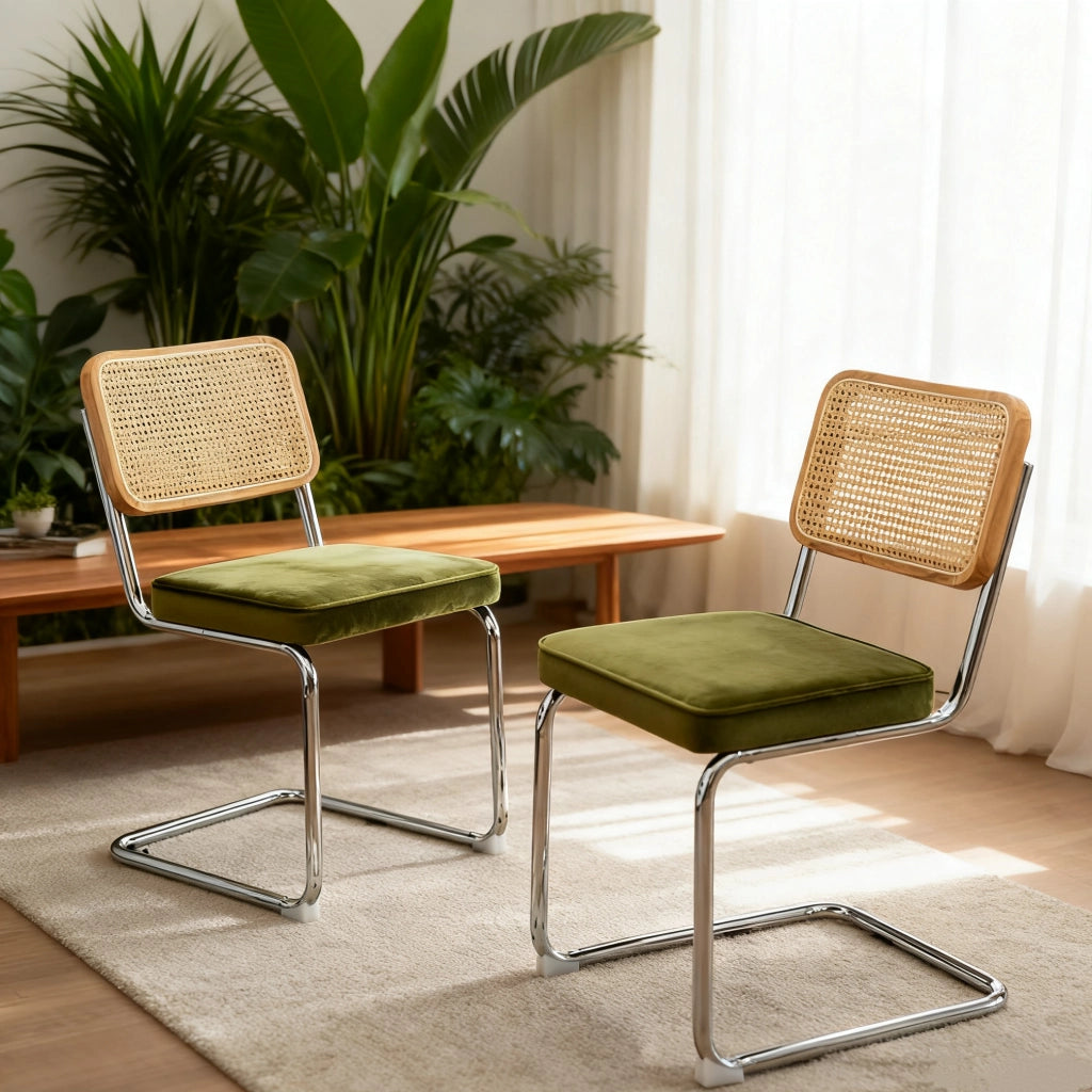 Sedia da pranzo set da 2 - Sedia in velluto e rattan con gambe cromate – Design Mid-Century Modern ispirato a Breuer – Sedia imbottita ideale per soggiorno, cucina e altri ambienti