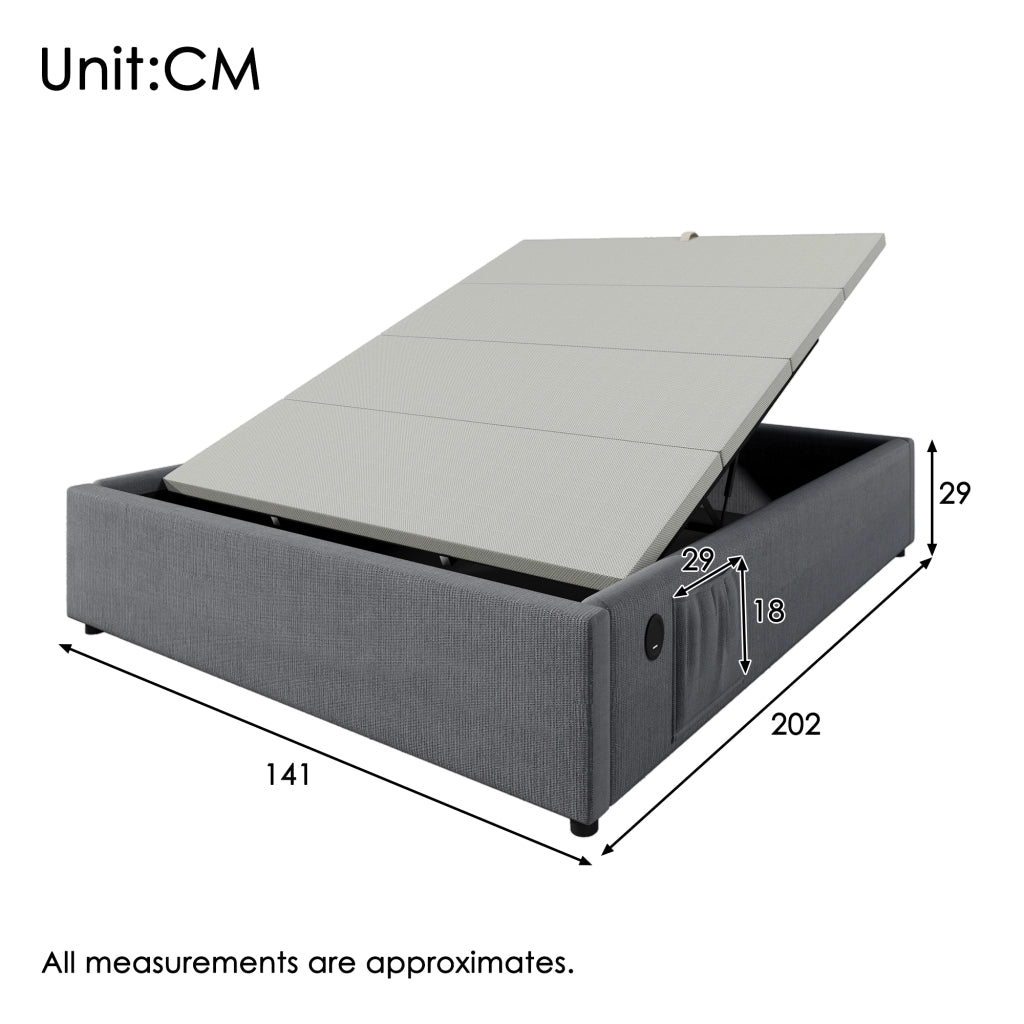 LETTO Contenitore 140x200 cm Grigio in lino con USB e Type-C